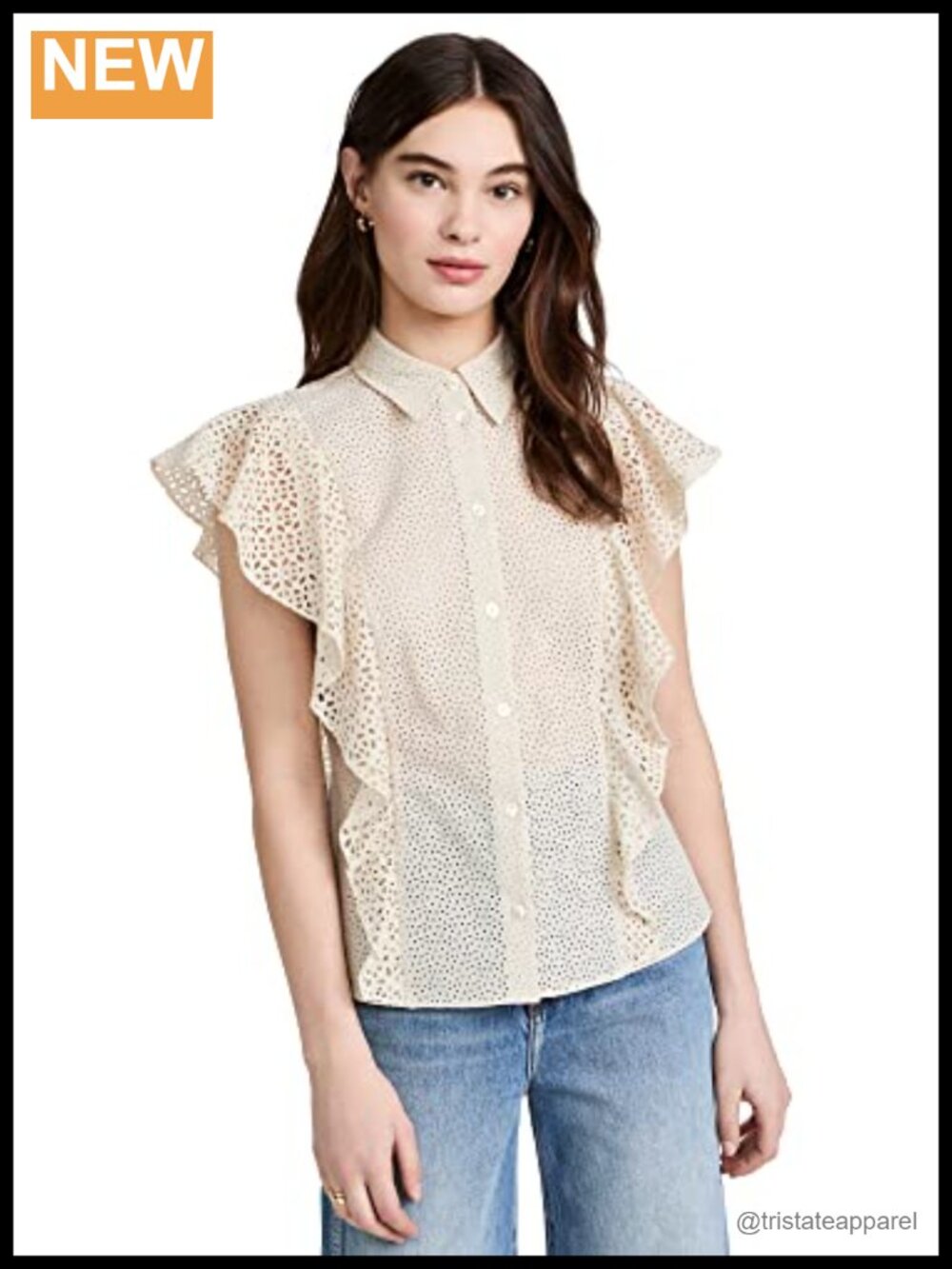 Ruffle Button Down Sleeveless Blouse Hook Eye Closure Cotton